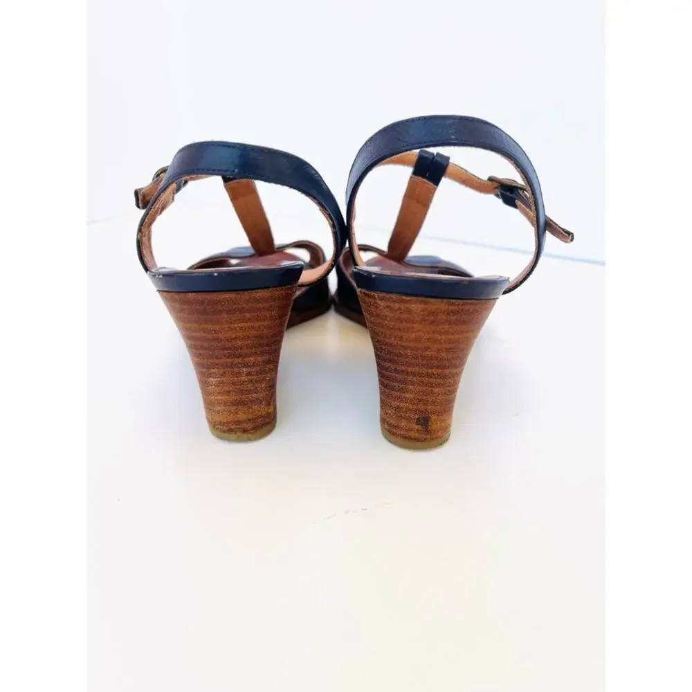 Chie Mihara Navy Blue Leather T-Strap Wedge Cutout Sandals Size 38 70s Style